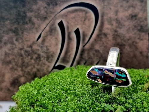 LeoLars-PABE Boulder Opal Ring, Gr.57-58, aus 925er Silber, Opal mit tollem Muster und grün-lila Opalfeuer, Opal 17,5x7mm, Unikat, Handarbeit