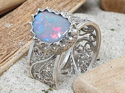 LeoLars-PABE Lightning Ridge Opal Filigree Ring aus 925er Silber, Gr.56, Filigran, Verspielt, Unikat, Handarbeit