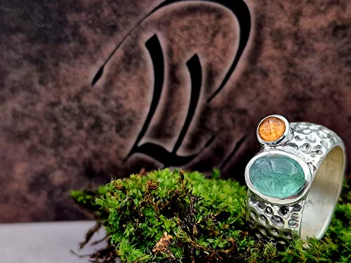 LeoLars-PABE Design Ring, Gr. 57, aus 925er Silber im Bubble Design mit Turmalin und Mandarin Granat, massiv, Unikat, Handarbeit