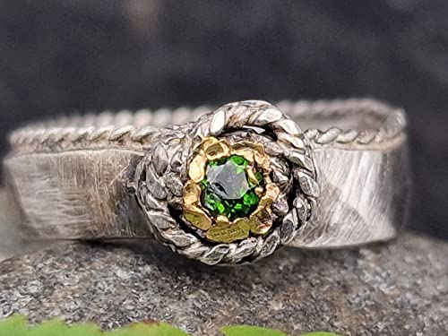 LeoLars-PABE Chromdiopsid Design Ring, Gr.53 (16.7), aus 925er Silber mit Feingold Fassung, handgeschmiedet, teilgeschwärzt, Unikat, Handarbeit