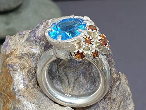 LeoLars-PABE Design Ring Fire and Ice mit Blautopas und Mandarin Granat, 925er Silber, Gr. 61, Unikat, Handarbeit