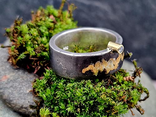 LeoLars-PABE Diamant Design Ring, Gr.62, aus 925er Silber mit Goldfassung und Goldakzenten, geschwärzt, starker Kontrast, massiv, Unikat, Handarbeit