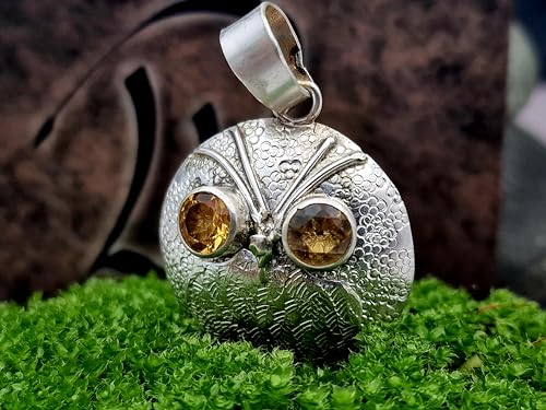 LeoLars-PABE Anhänger Erdbeereule Heiderose aus 925er Silber mit Citrinen als Augen, Anhänger 28mm, Unikat, Handarbeit