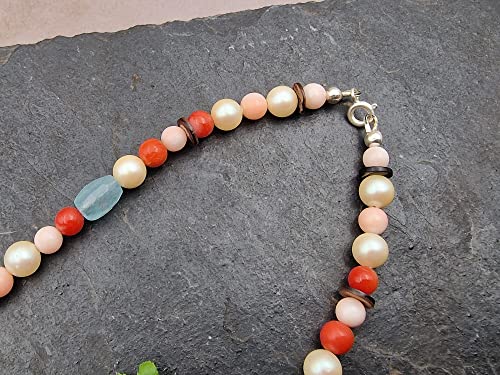 LeoLars-PABE 42cm Perlen und Aquamarin Kette, Mittelmeer Koralle, Süßwasserperlen, Rhodochrosit, Aquamarin, Muscheln, Unikat, Handarbeit