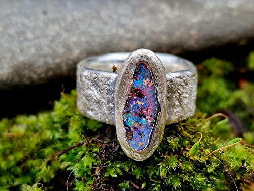 LeoLars-PABE Boulder Opal Structure Design Ring, Gr.52, aus 925er Silber mit Stein Struktur, Opal mehrfarbig 14.5x6.5mm, Unikat, Handarbeit