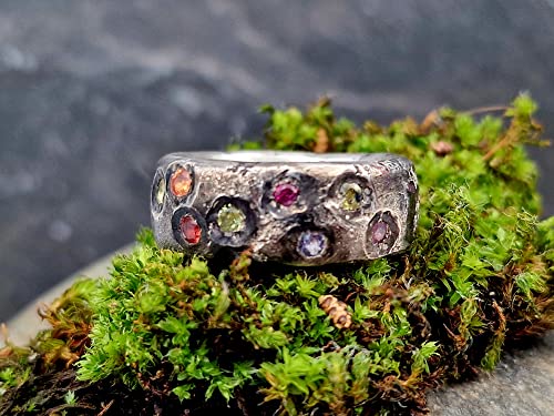 LeoLars-PABE Sandguss Design Ring, Gr.58, aus 925er Silber mit eingearbeiteten verschiedenen echten Edelsteinen, massiv, teilgeschwärzt, Unikat, Handarbeit