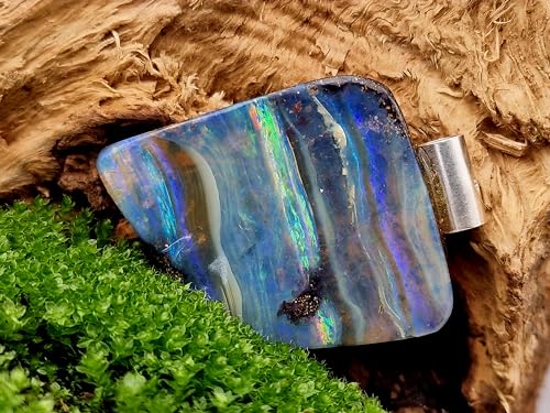LeoLars-PABE Boulder Opal Anhänger mit 925er Silberrohr, Meeresfarben, mit Regenbogen Opalfeuer Streifen, Unikat, Handgeschliffen