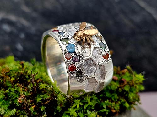 LeoLars-PABE Design Ring Biene auf Blumenwiese, Gr. 63, aus 925er Silber, Biene aus 585er Gold, Bienenwaben Struktur, verschiedene Edelsteine, Unikat, Handarbeit