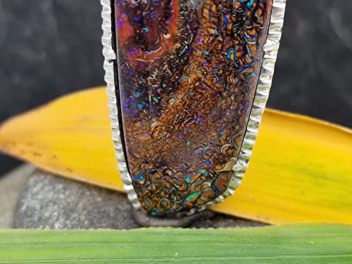 LeoLars-PABE Großer Boulder Opal Design Anhänger aus 925er Silber, Matrix Opal, tolles Muster, grün-blaues Opalfeuer, Opal 44.5 x 20.8mm, Unikat, Handarbeit