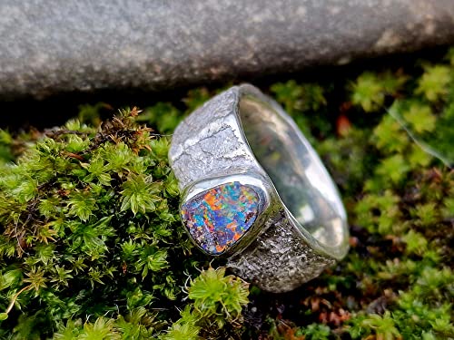 LeoLars-PABE Boulder Opal Design Ring, Gr.60, Structure Design Stone, Stein, aus 925er Silber, Multicolor Opal 8.3x8mm, Unikat, Handarbeit