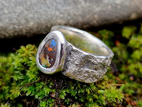 LeoLars-PABE Structure Design Stein Ring mit Boulder Opal aus 925er Silber, Gr.56, Opalflash mehrfarbig, Opal 11x7.3mm, Unikat, Handarbeit