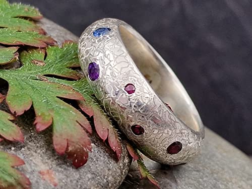 LeoLars-PABE Rainbow Universe Ring aus 925er Silber, Gr.61 (19,5), mit verschiedensten echten Edelsteinen, eismattiert, Unikat, Handarbeit
