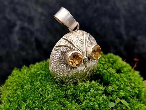 LeoLars-PABE Anhänger Erdbeereule Heiderose aus 925er Silber mit Citrinen als Augen, Anhänger 28mm, Unikat, Handarbeit