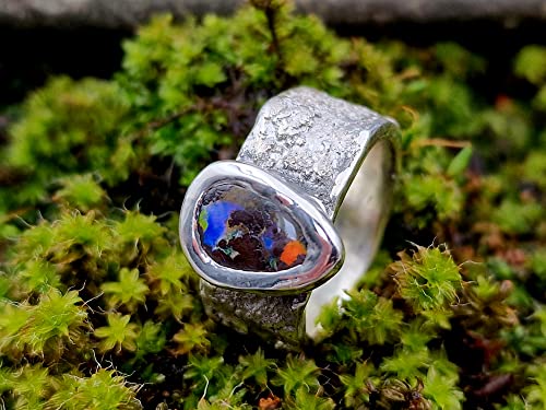 LeoLars-PABE Structure Design Stein Ring mit Boulder Opal aus 925er Silber, Gr.56, Opalflash mehrfarbig, Opal 11x7.3mm, Unikat, Handarbeit