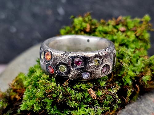 LeoLars-PABE Sandguss Design Ring, Gr.58, aus 925er Silber mit eingearbeiteten verschiedenen echten Edelsteinen, massiv, teilgeschwärzt, Unikat, Handarbeit