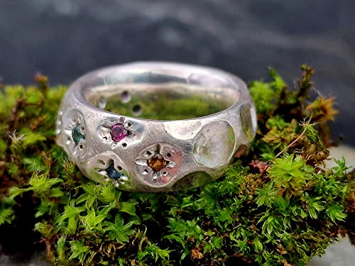 LeoLars-PABE Blüten Design Ring, Gr.56, aus 925er Silber, massiv, mit Citrin, Amethyst, Rubin, Tsavorit, Saphir und Blautopas als Blüten, Unikat, Handarbeit