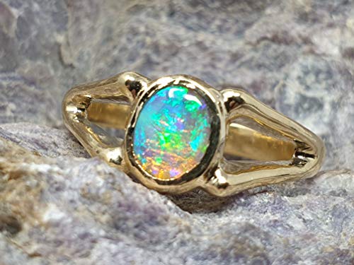 LeoLars-PABE Lightning Ridge Multicolor Chrystal GEM Opal Design Ring, Gr. 58, 750er Gold, Unikat, Handarbeit