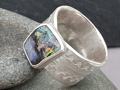 LeoLars-PABE Boulder Opal Herren Design Ring, Gr. 63, aus 925er Silber, Multicolor, Structure Design, Unikat, Handarbeit