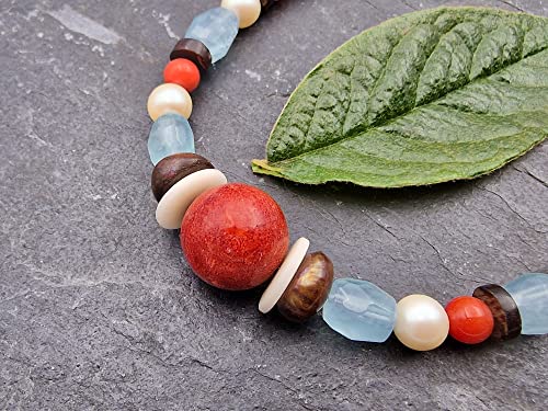 LeoLars-PABE 42cm Perlen und Aquamarin Kette, Mittelmeer Koralle, Süßwasserperlen, Rhodochrosit, Aquamarin, Muscheln, Unikat, Handarbeit