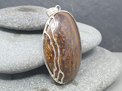 LeoLars-PABE Boulder Opal Anhänger aus 925er Silber, Optisch wie versteinertes Holz, Unikat, Handarbeit