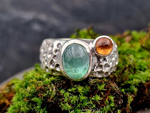 LeoLars-PABE Design Ring, Gr. 57, aus 925er Silber im Bubble Design mit Turmalin und Mandarin Granat, massiv, Unikat, Handarbeit