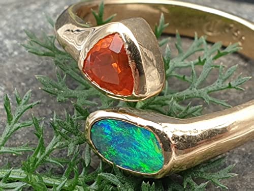LeoLars-PABE Edler Boulder Opal und Feueropal Design Ring, Gr. 58, aus 750er Gelbgold, Fire and Water, Unikat, Handarbeit