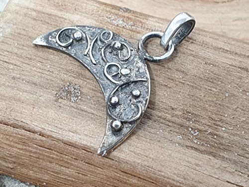 LeoLars-PABE Halbmond Anhänger aus 925er Silber, mystisches Design, Unikat, Handarbeit