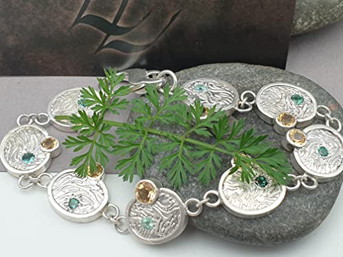 LeoLars-PABE Mondphasen Design Armband aus 925er Silber mit Citrinen und Turmalinen, 19cm lang, Massiv, Unikat, Handarbeit