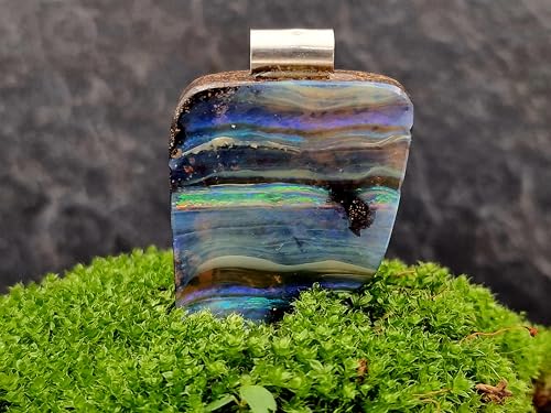 LeoLars-PABE Boulder Opal Anhänger mit 925er Silberrohr, Meeresfarben, mit Regenbogen Opalfeuer Streifen, Unikat, Handgeschliffen