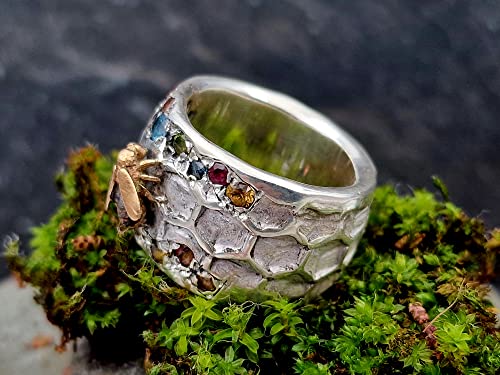 LeoLars-PABE Design Ring Biene auf Blumenwiese, Gr. 63, aus 925er Silber, Biene aus 585er Gold, Bienenwaben Struktur, verschiedene Edelsteine, Unikat, Handarbeit