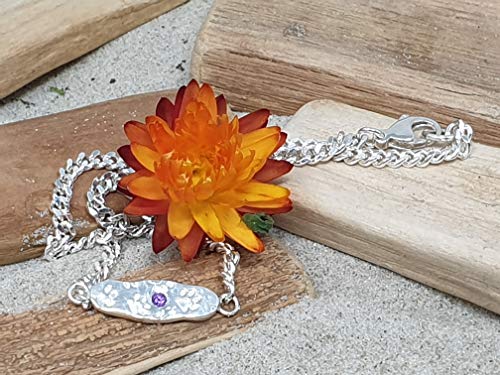 925er Silber Armband mit Pfötchen und Amethyst, 23,5cm Panzerkette, Unikat, Handarbeit