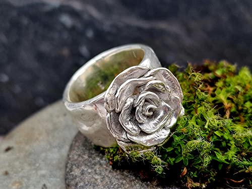 LeoLars-PABE Massiver 925er Silber Ring, Gr.61, mit Rosenblüte, handmodelliert, organische Oberfläche, Unikat, Handarbeit