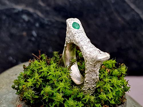 LeoLars-PABE Smaragd Design Ring, Gr.54, aus 925er Silber mit außergewöhnlicher Structure Design Oberfläche, Kolumbianischer Smaragd d-4mm, Unikat Handarbeit