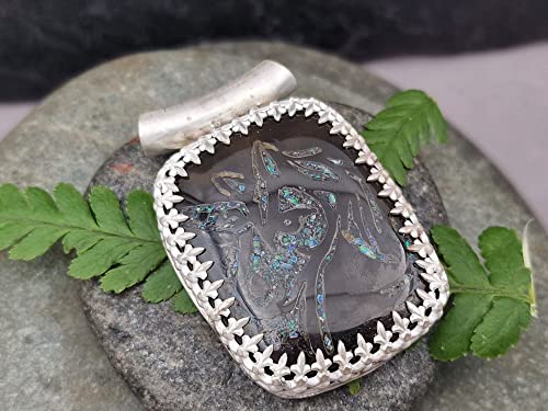 LeoLars-PABE Einhorn Anhänger aus 925er Silber, Obsidian mit Opalsplittern, Carving, Galerie Fassung, Filigree, Unikat, Handarbeit
