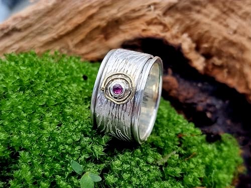 LeoLars-PABE Rubin Spinner Design Ring, Gr.57, aus 925er Silber mit Holzmaserung und 585er Goldschnecke um den Rubin, Unikat, Handarbeit