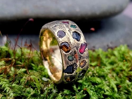 LeoLars-PABE Sandguss Design Edelstein Ring aus massivem 585er Gelb Gold, Gr.54 (17,8), echte verschiedene eingegossene Edelsteine, Sandguss Oberfläche, Selten, Unikat, handarbeit