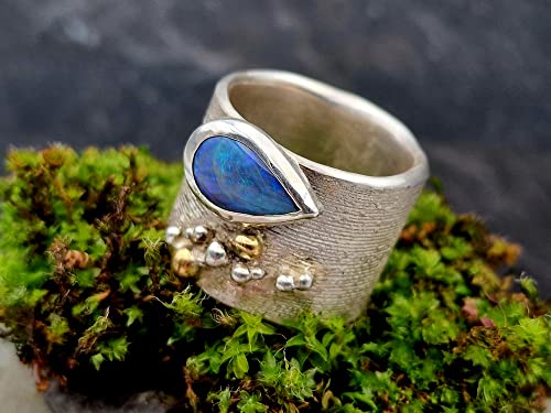 LeoLars-PABE Lightning Ridge Opal Design Ring, Gr.58, aus 925er Silber mit 750er Gelbgold Akzenten und echter Pampasgras Struktur, Unikat, Handarbeit