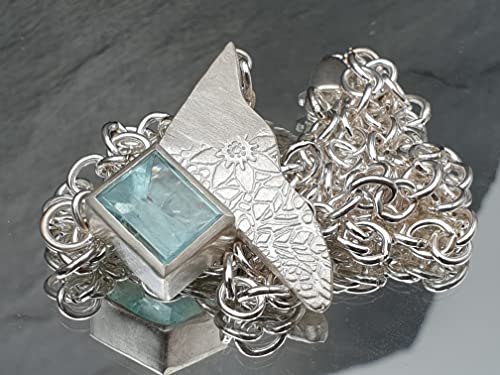 LeoLars-PABE Aquamarin Design Anhänger mit massiver Kette aus 925er Silber in Wunschlänge, Flügel, teilstrukturiert, Unikat, Handarbeit