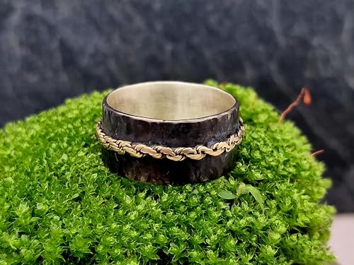 LeoLars-PABE Herren Bicolor Design Ring, Gr.69, aus 925er Silber mit montierter 585er Gelbgold Kette, geschwärzt, mystisch, magisch, Unikat, Handarbeit