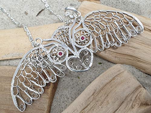 LeoLars-PABE Filigree Anhänger aus 925er Silber Eule, 50cm Silberkette, 2 Rhodolite, Unikat, Handarbeit