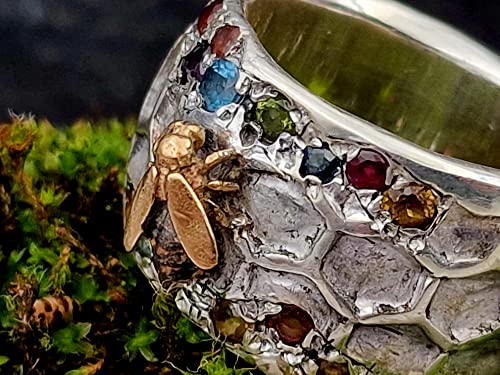 LeoLars-PABE Design Ring Biene auf Blumenwiese, Gr. 63, aus 925er Silber, Biene aus 585er Gold, Bienenwaben Struktur, verschiedene Edelsteine, Unikat, Handarbeit