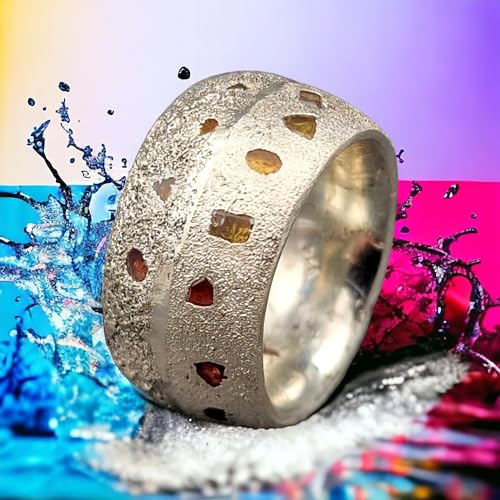 LeoLars-PABE Massver Sandguss Design Ring, Gr.56 (17,8), mit verschieden farbigen eingegossenen Saphiren aus 925er Silber, Sandguss Oberfläche, Nr.61, Unikat, Handarbeit