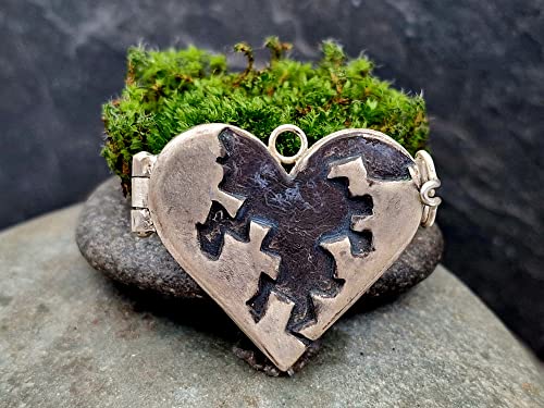 LeoLars-PABE 925er Silber Medaillon Broken Heart, groß, massiv, teilgeschwärzt, Design Medaillon, Unikat, Handarbeit