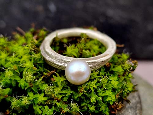LeoLars-PABE 925er Silber Ring, Gr.56, mit Süßwasserzuchtperle, mit Sepiaguss O=berfläche, teilgeschwärzt, Unikat, Handarbeit