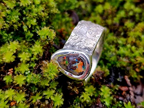 LeoLars-PABE Structure Design Stein Ring mit Boulder Opal aus 925er Silber, Gr.56, Opalflash mehrfarbig, Opal 11x7.3mm, Unikat, Handarbeit