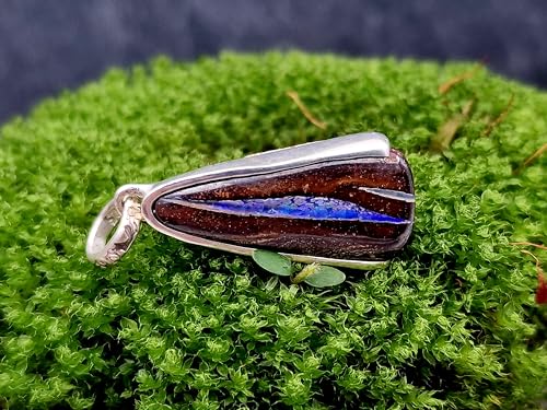 LeoLars-PABE Anhänger mit Boulder Opal aus 925er Silber, grün-blaue kräftige Opalader mit Feuer, Opal 22,9x11mm, Unikat, Handarbeit