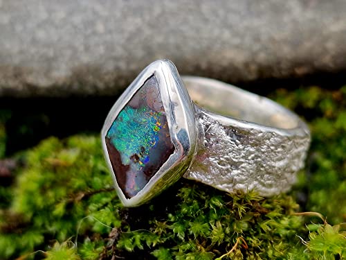 LeoLars-PABE Boulder Opal Design Ring, Gr.53-54, aus 925er Silber im Structure Design Stein, Opal mehrfarbig 18.3mm x 10.3mm, Unikat, Handarbeit