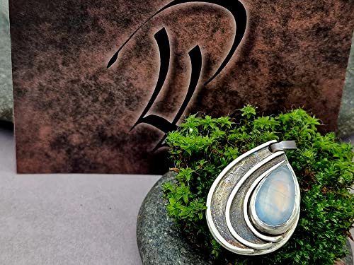 LeoLars-PABE Weißer Labradorit Tropfen Design Anhänger aus 925er Silber, teilgeschwärzt, Magisch, Mystisch, Unikat, Handarbeit