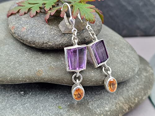 Amethyst, Mandarin Garant Design Ohrhänger aus 925er Silber, Spezial Spiegel Design Schliff, mit Brisuren, Unikat, Handarbeit