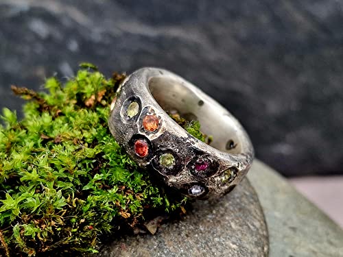 LeoLars-PABE Sandguss Design Ring, Gr.58, aus 925er Silber mit eingearbeiteten verschiedenen echten Edelsteinen, massiv, teilgeschwärzt, Unikat, Handarbeit